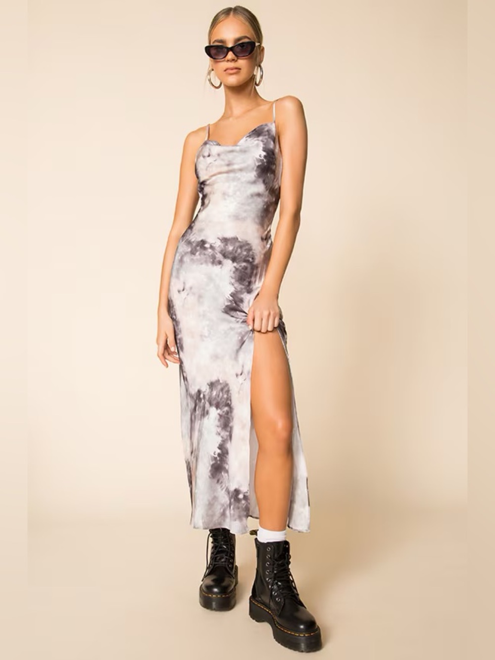 Superdown Krystal Slit Gray & White Tie-Dye Slip Maxi Dress